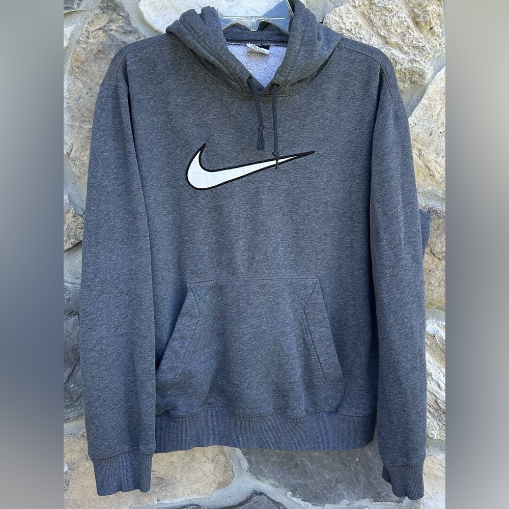 Vintage Y2K Nike Hoodie Mens Sz L Big Center Swoosh Gray Athleisure Front Pocket
